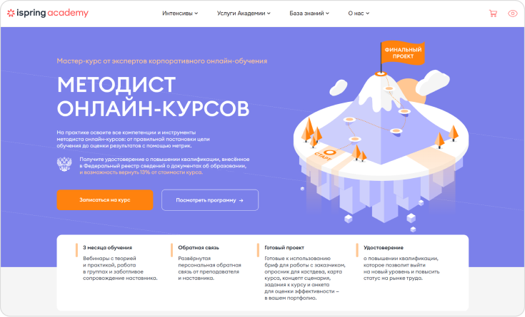 Главная страница сайта курса по методологии от Академии iSpring Курс «Методист онлайн-курсов» Академии iSpring