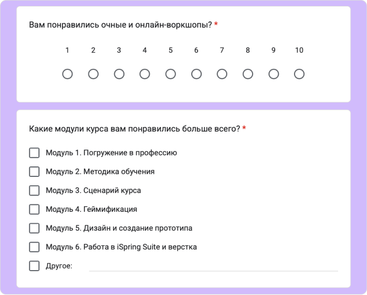 Пример анкеты для сбора обратной связи по обучению
